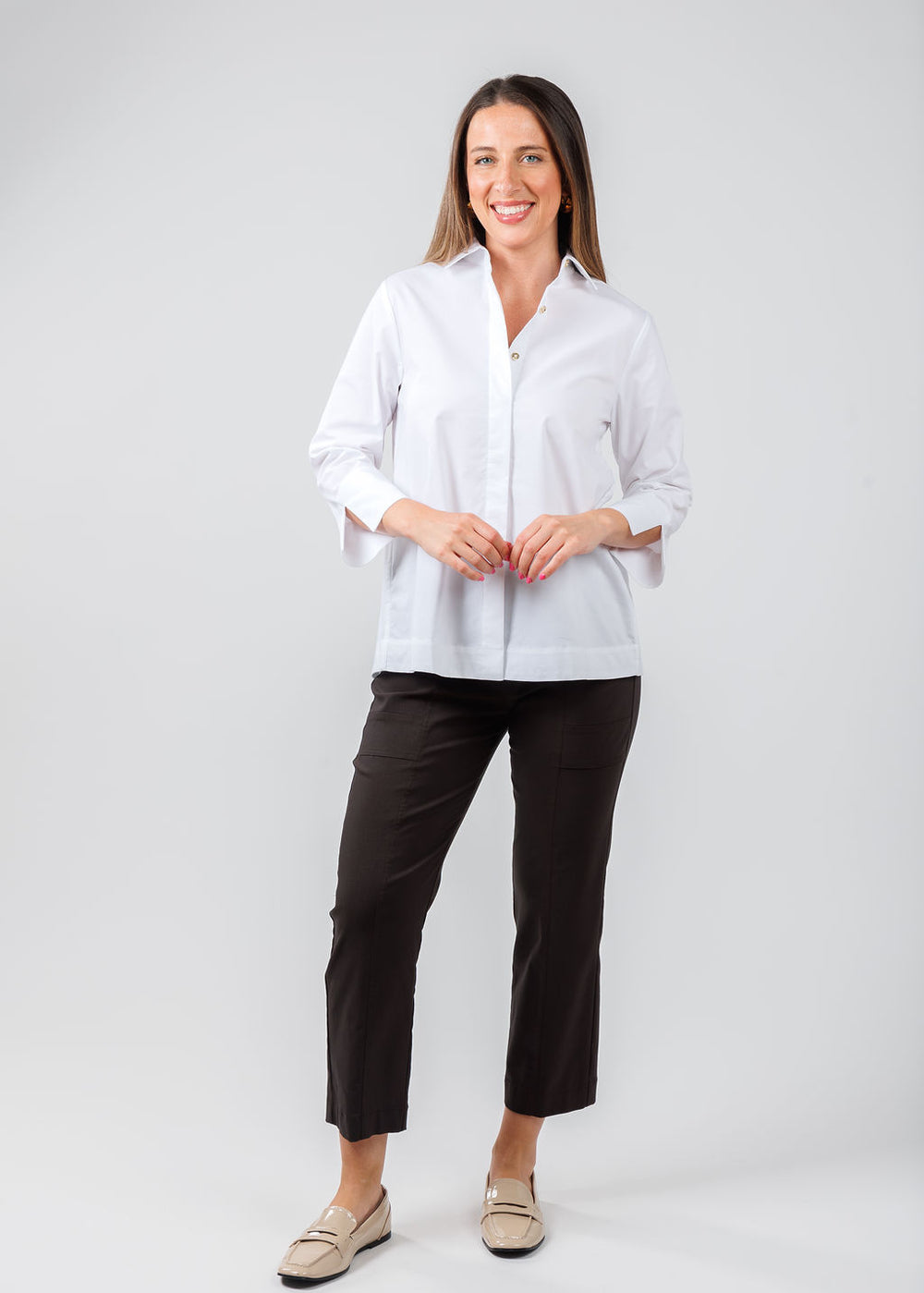 Hinson Wu Xena 3/4 Sleeve Zip Back Shirt in White paired with Elliott Lauren Crop Cargo Pants With Rivet Details in Chocolate available at Barbara Katz