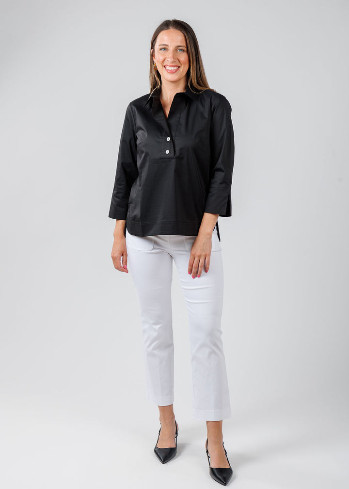 Hinson Wu Aileen 3/4 Sleeve Button Back Top in Black paired with Elliott Lauren Baby Boot Pant With Patch Pocket in White available at Barbara Katz