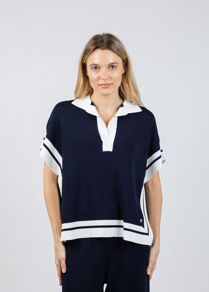 Joseph Ribkoff Boxy Collared Sweater With Stripe Detail in Midnight Blue/Vanilla available at Barbara Katz