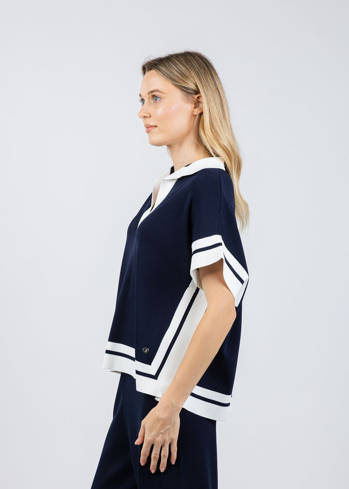 Joseph Ribkoff Boxy Collared Sweater With Stripe Detail in Midnight Blue/Vanilla available at Barbara Katz
