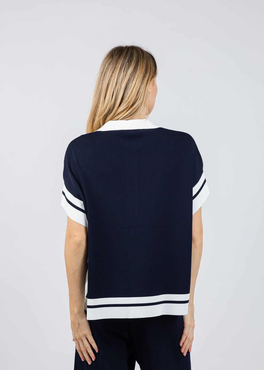 Joseph Ribkoff Boxy Collared Sweater With Stripe Detail in Midnight Blue/Vanilla available at Barbara Katz