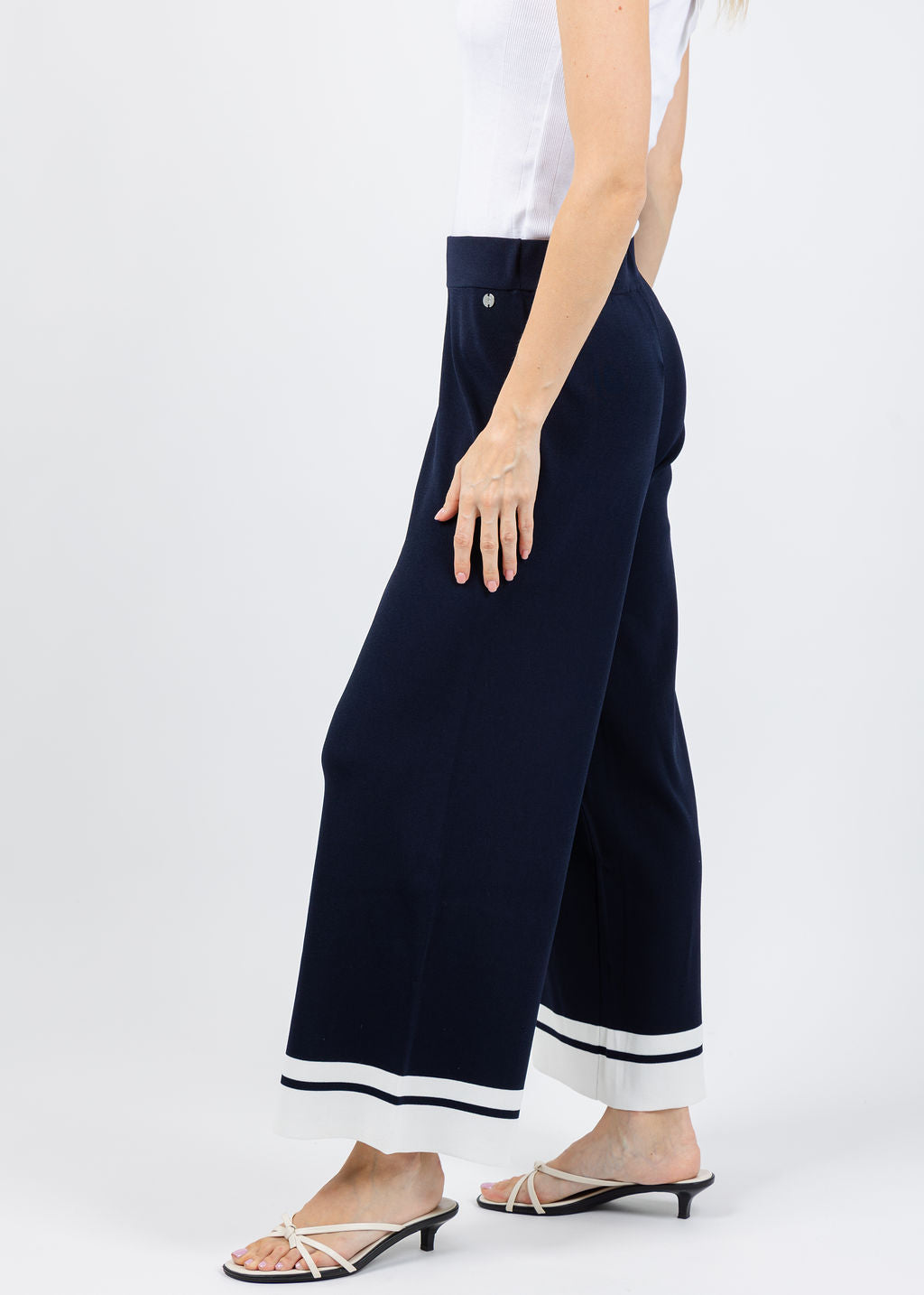Joseph Ribkoff Culotte Pants With Stripe Detail in Midnight Blue/Vanilla available at Barbara Katz