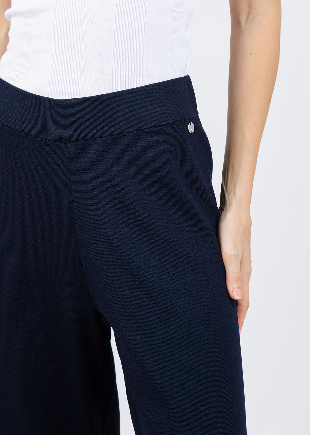 Joseph Ribkoff Culotte Pants With Stripe Detail in Midnight Blue/Vanilla available at Barbara Katz