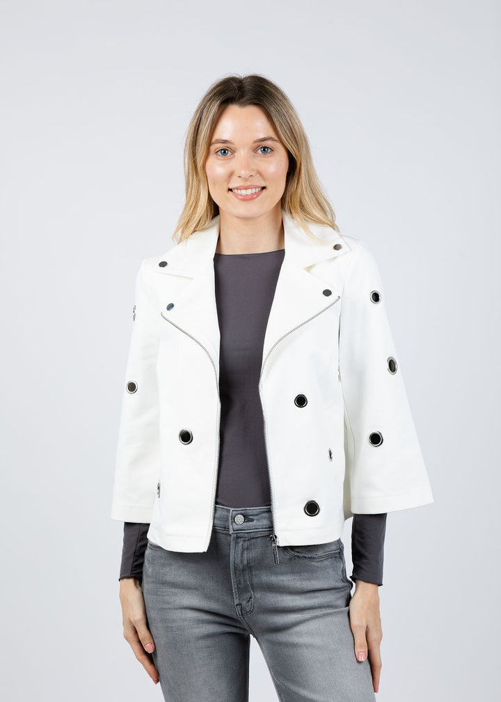 Joseph Ribkoff Foiled Faux Suede Swing Jacket With Grommets in Off White available at Barbara Katz