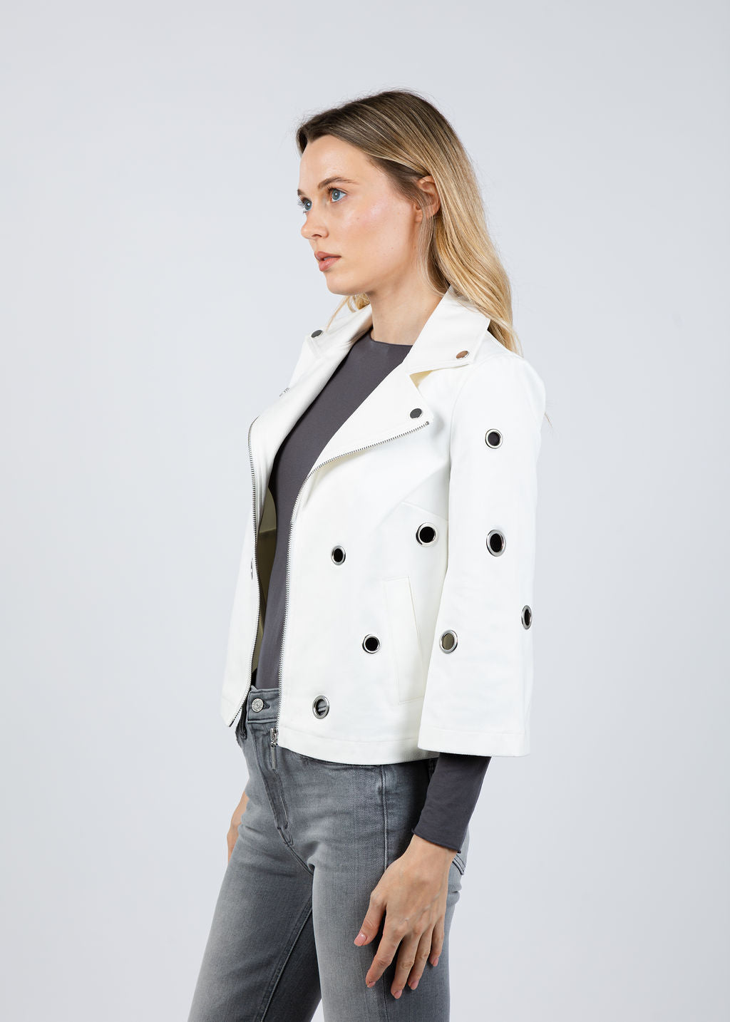 Joseph Ribkoff Foiled Faux Suede Swing Jacket With Grommets in Off White available at Barbara Katz