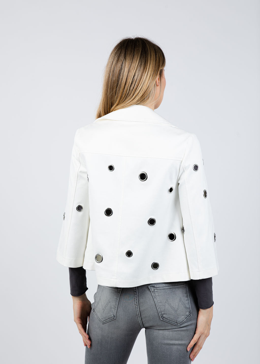 Joseph Ribkoff Foiled Faux Suede Swing Jacket With Grommets in Off White available at Barbara Katz