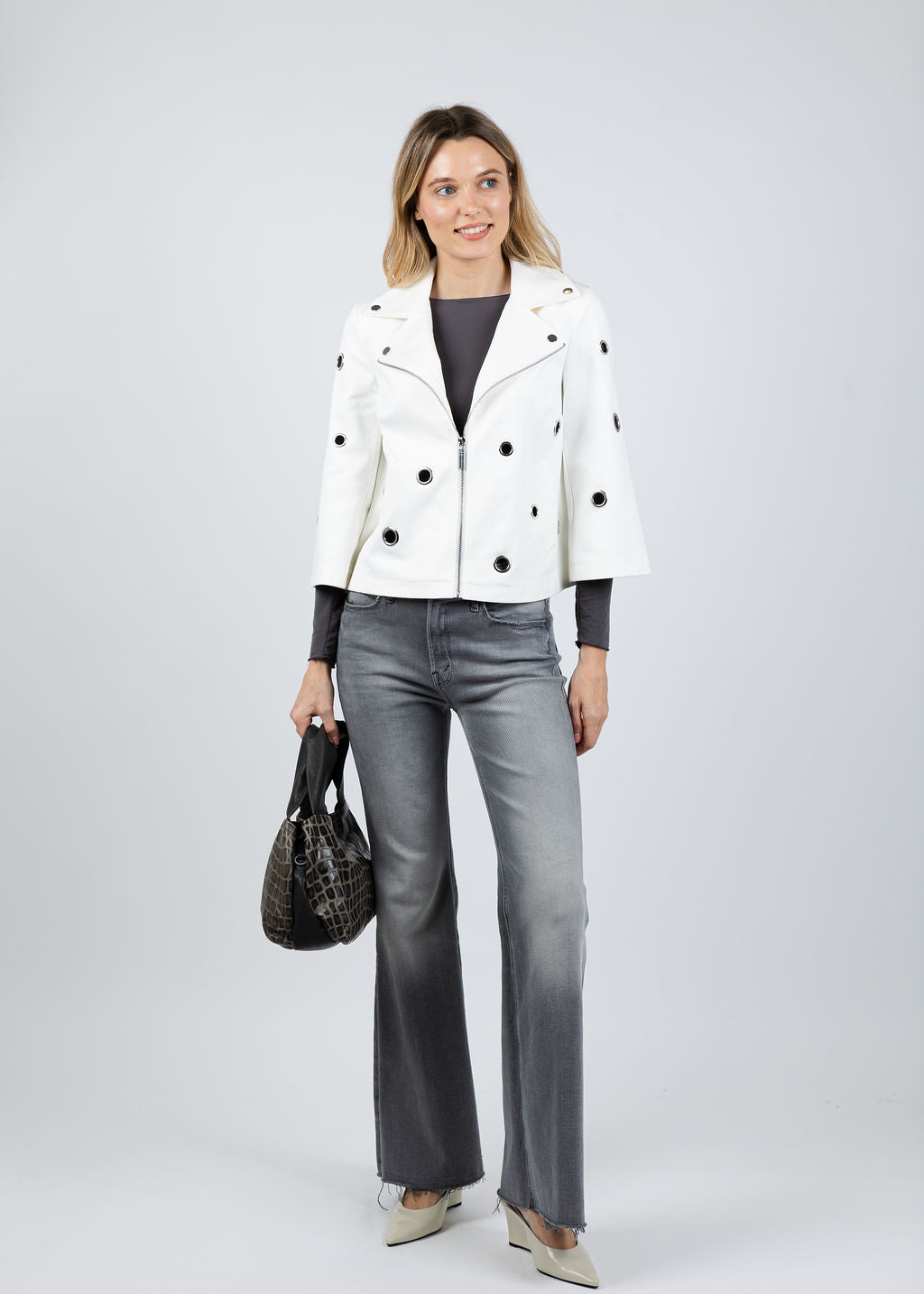 Joseph Ribkoff Foiled Faux Suede Swing Jacket With Grommets in Off White available at Barbara Katz
