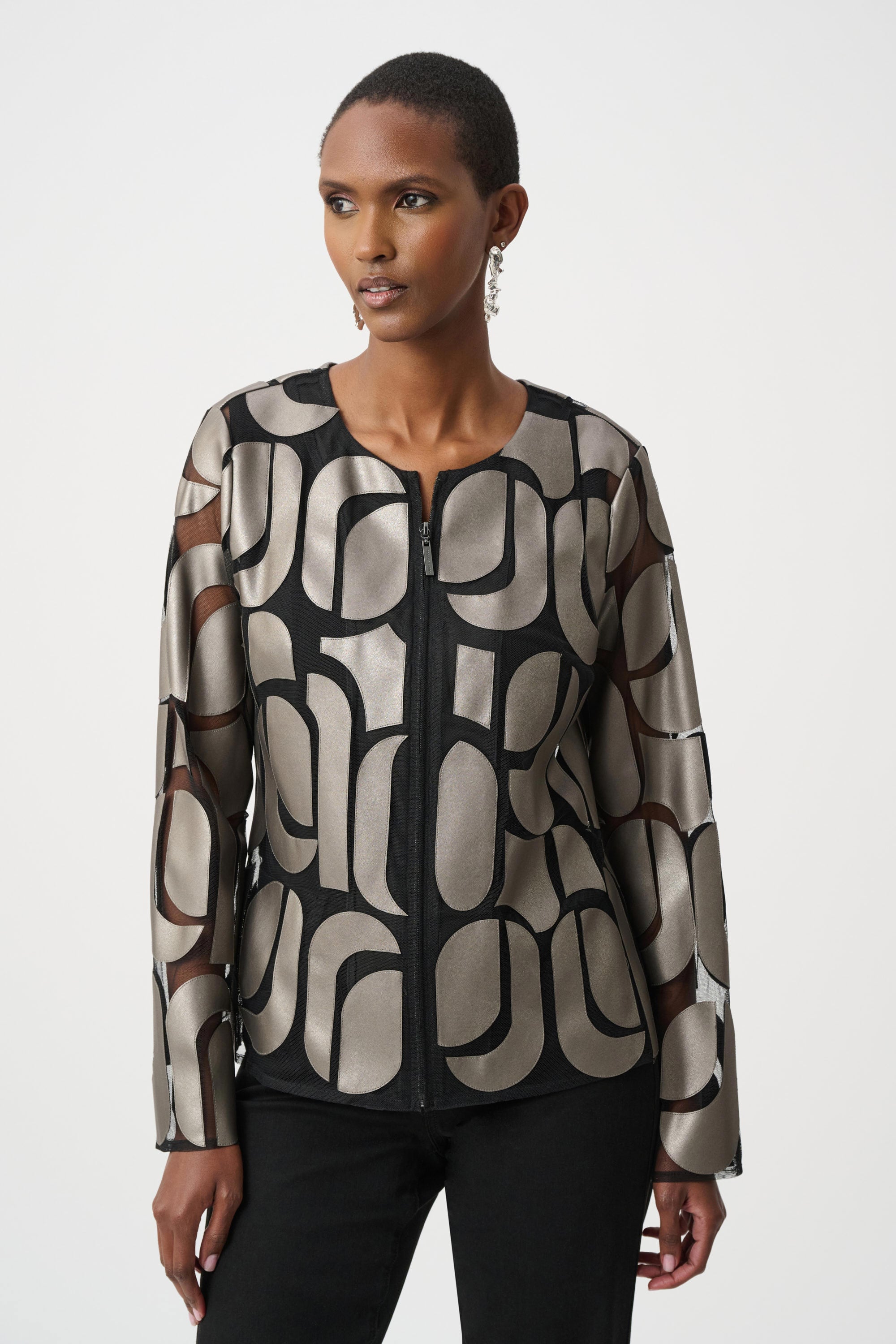 Joseph Ribkoff Leatherette & Mesh Embroidered Jacket - Gunmetal