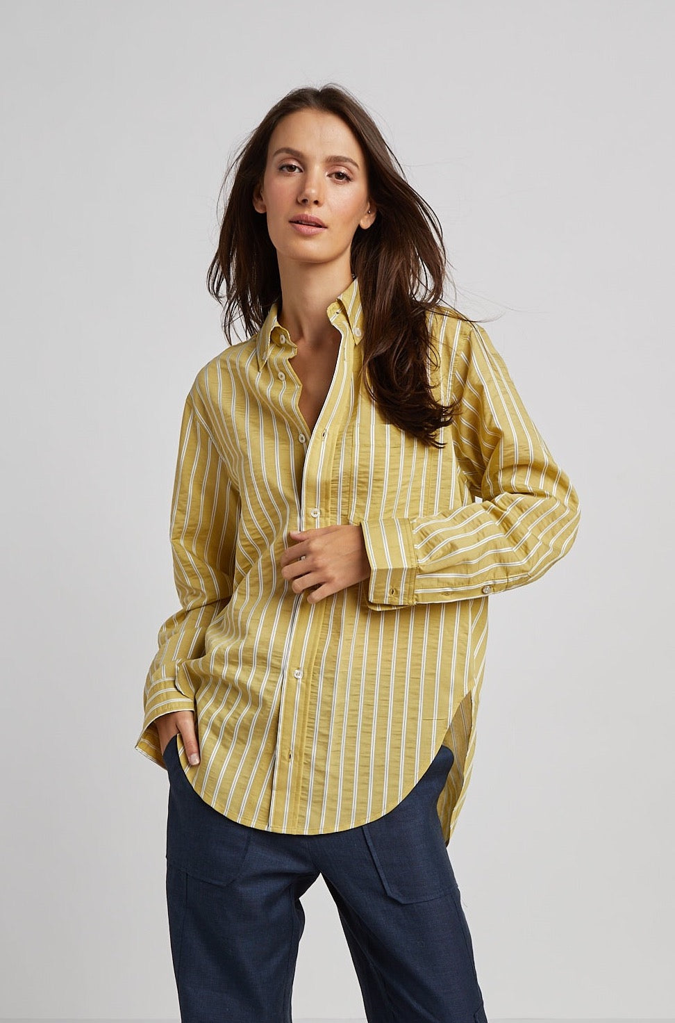 Adroit Atelier Kean Boyfriend Striped Button Down Shirt - Chartreuse