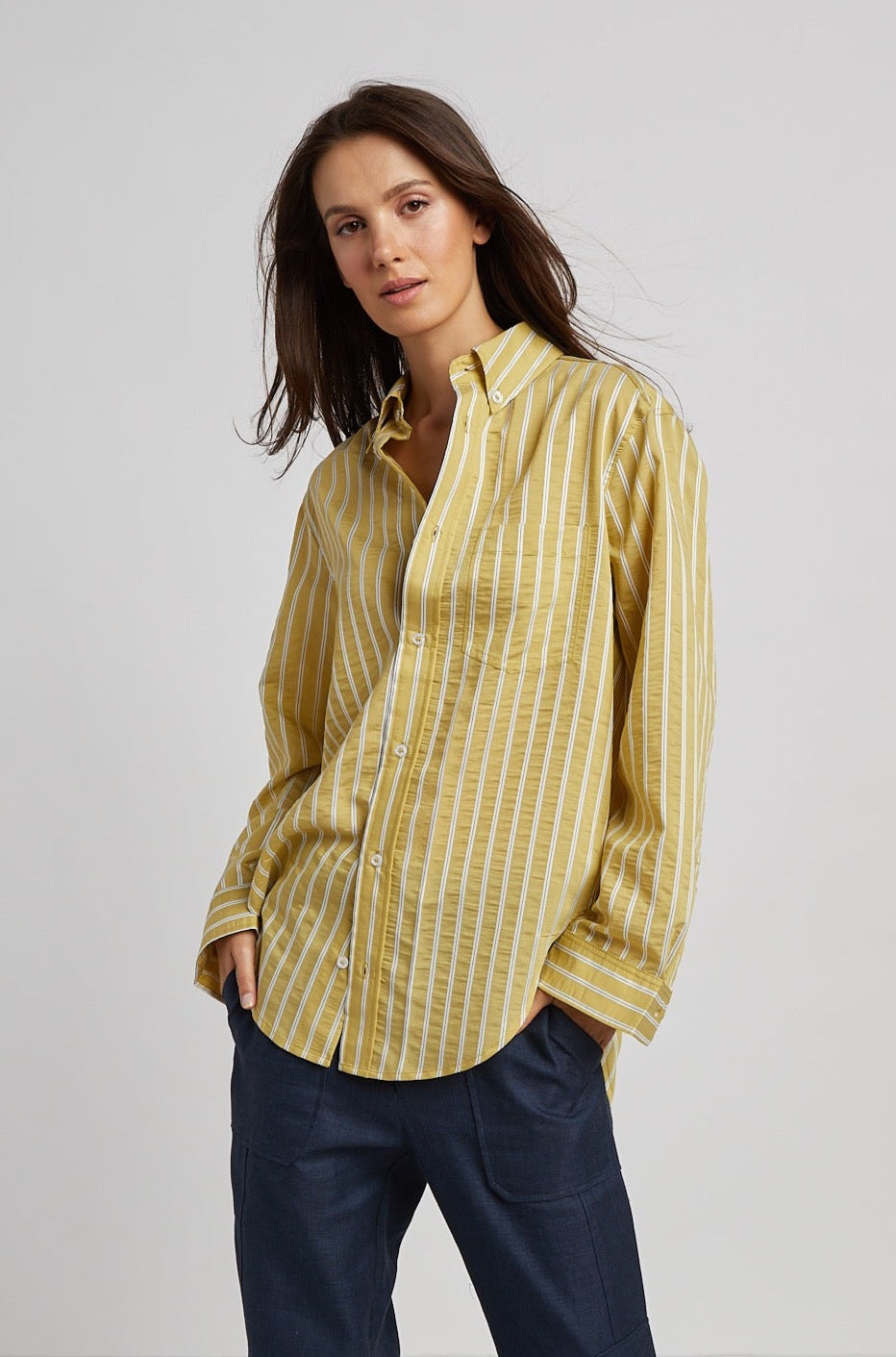 Adroit Atelier Kean Boyfriend Striped Button Down Shirt in Chartreuse