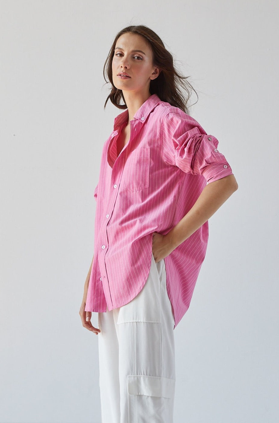 Adroit Atelier Kean Boyfriend Striped Button Down Shirt - Bubblegum