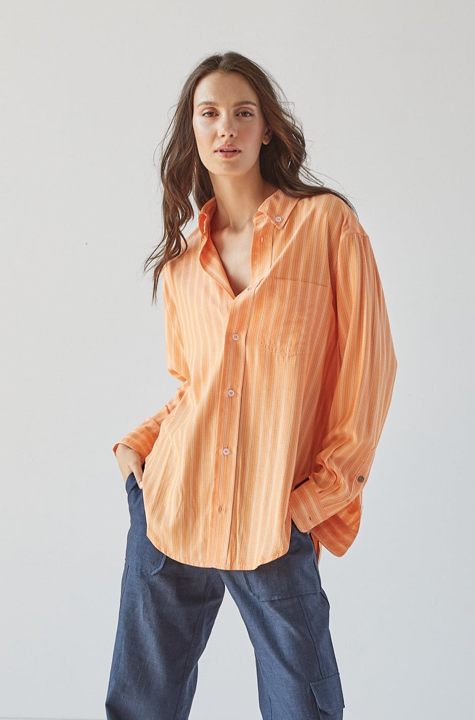 Adroit Atelier Kean Boyfriend Striped Button Down Shirt - Tangerine
