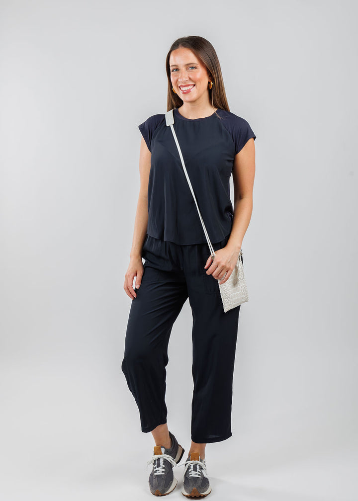 Lola & Sophie Alondra Cap Sleeve Tee in Nightwatch paired with matching Lola & Sophie D-Satin Cropped Jogger in Nightwatch available at Barbara Katz