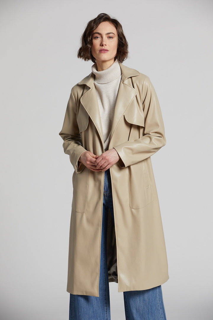 Adroit Atelier Nina Faux Leather Wrap Trench Coat in Beige