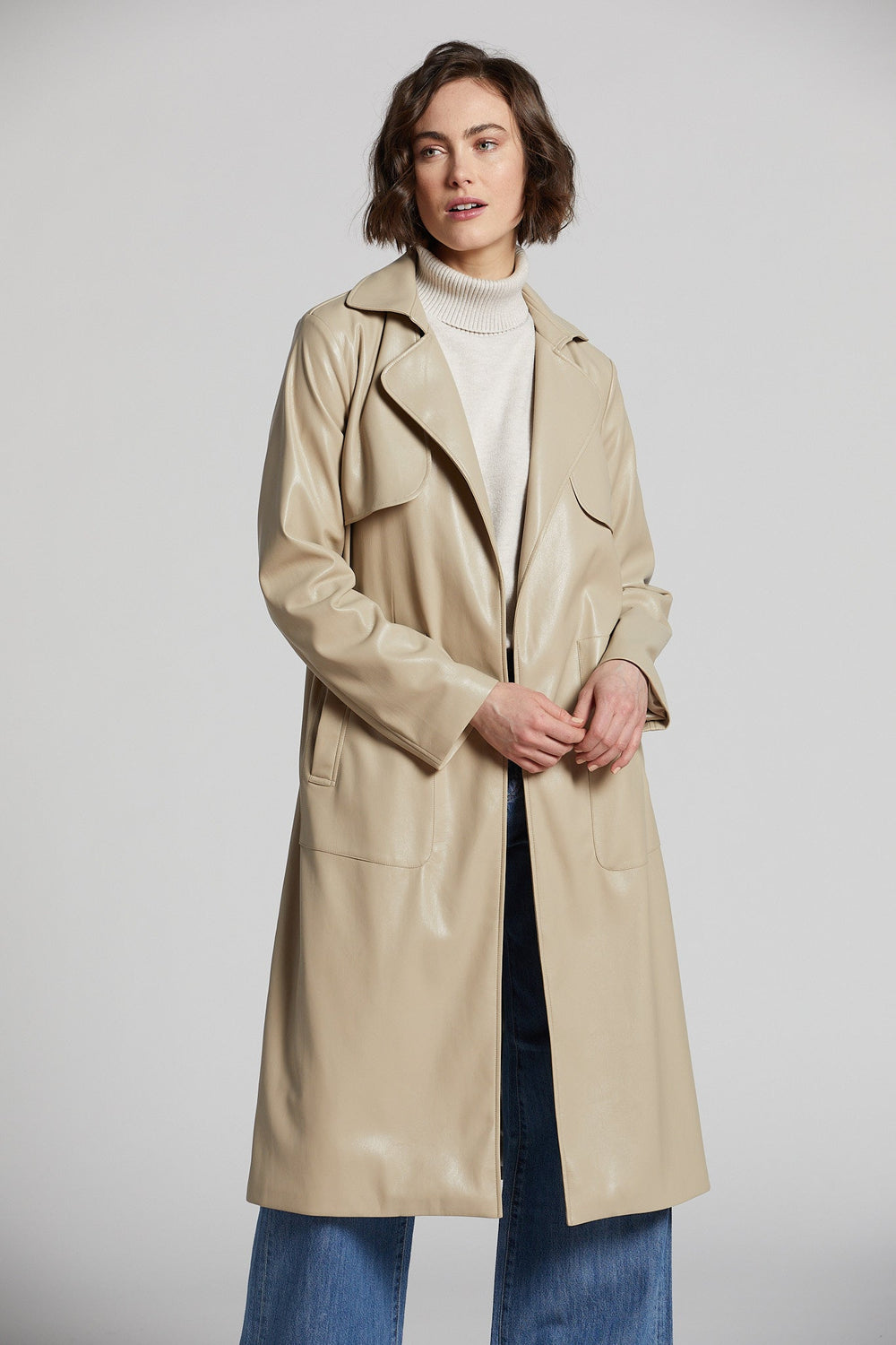 Adroit Atelier Nina Faux Leather Trench Coat in Beige