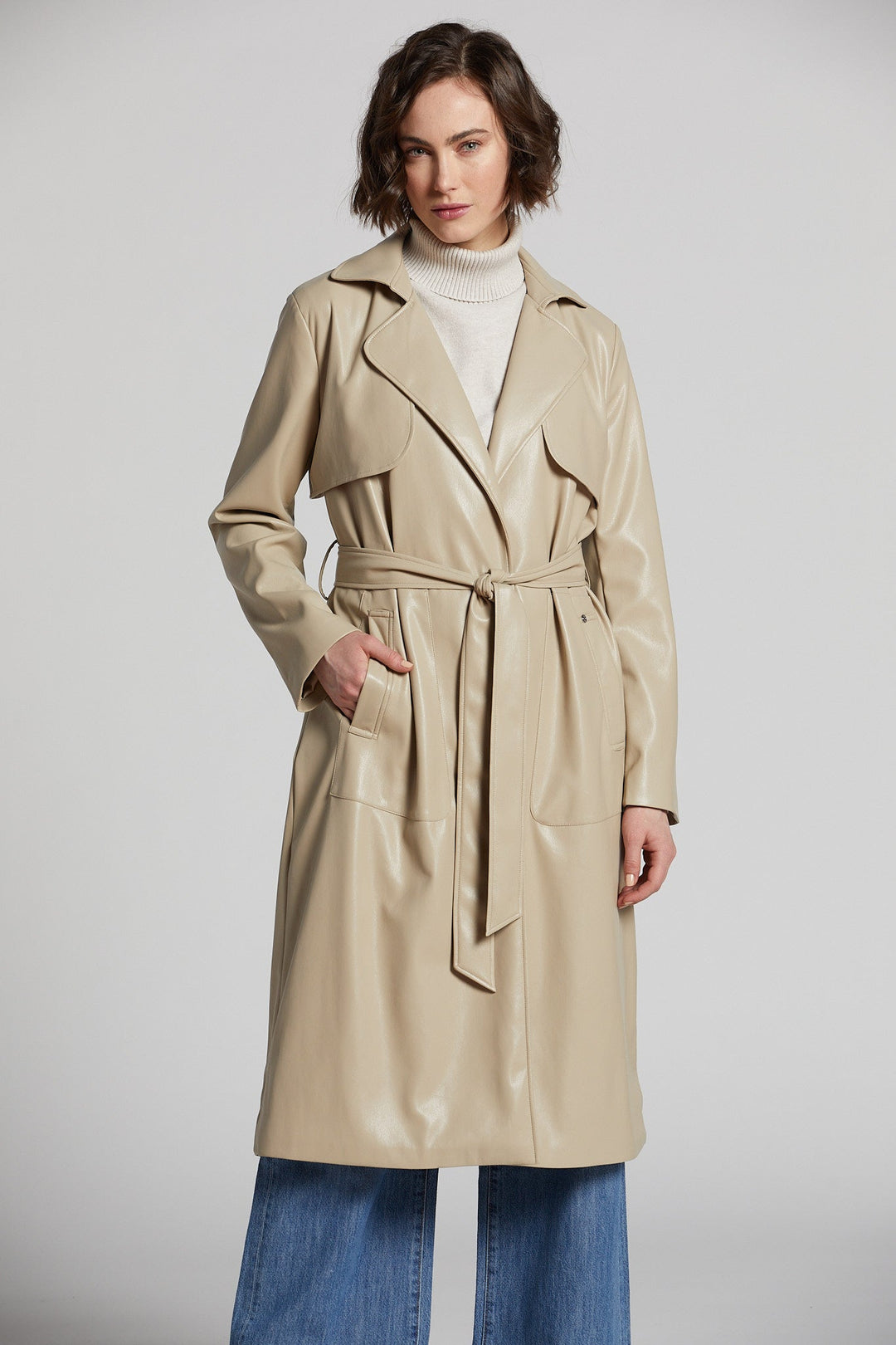 Adroit Atelier Nina Faux Leather Wrap Coat in Beige
