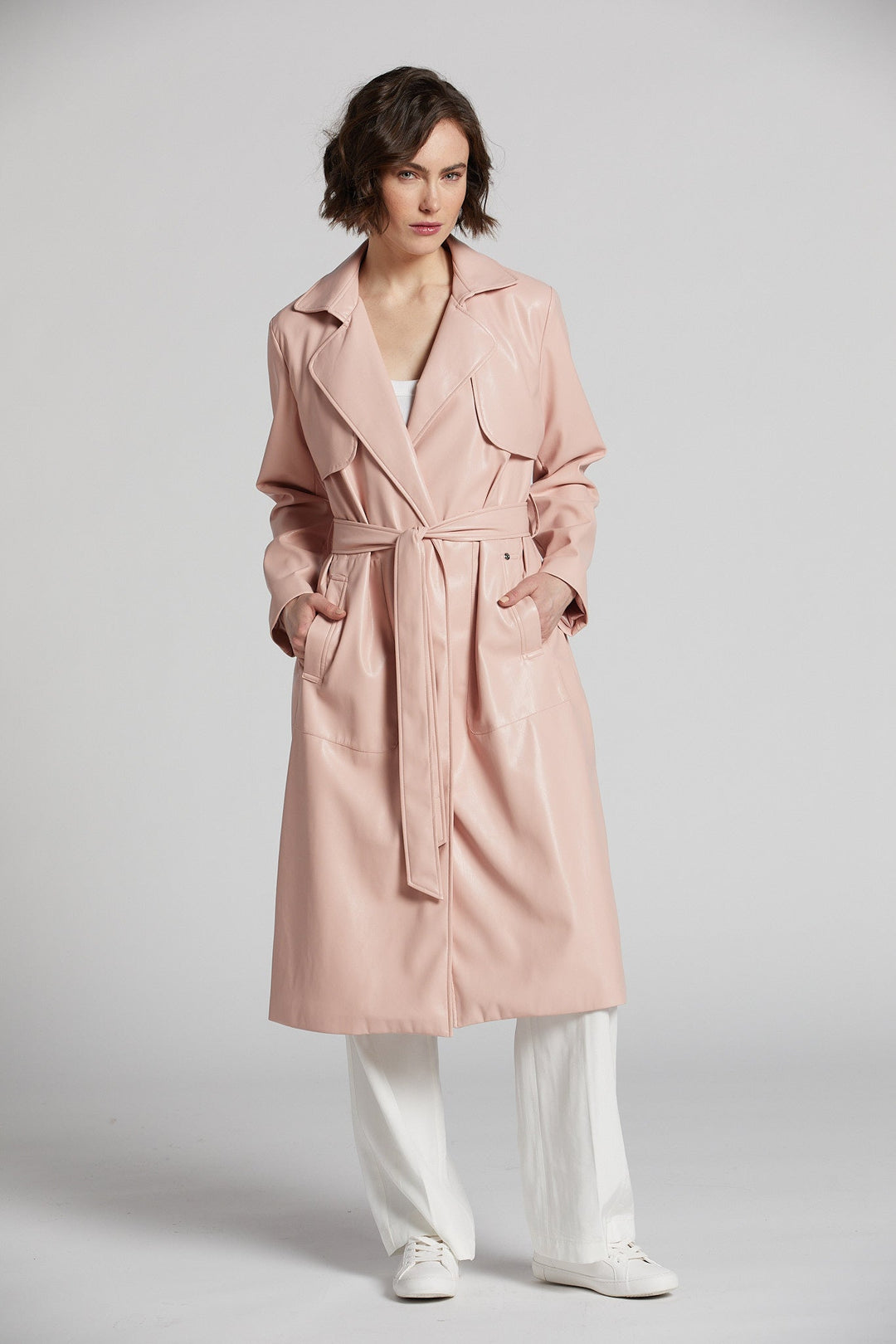 Adroit Atelier Nina Faux Leather Wrap Coat in Blush