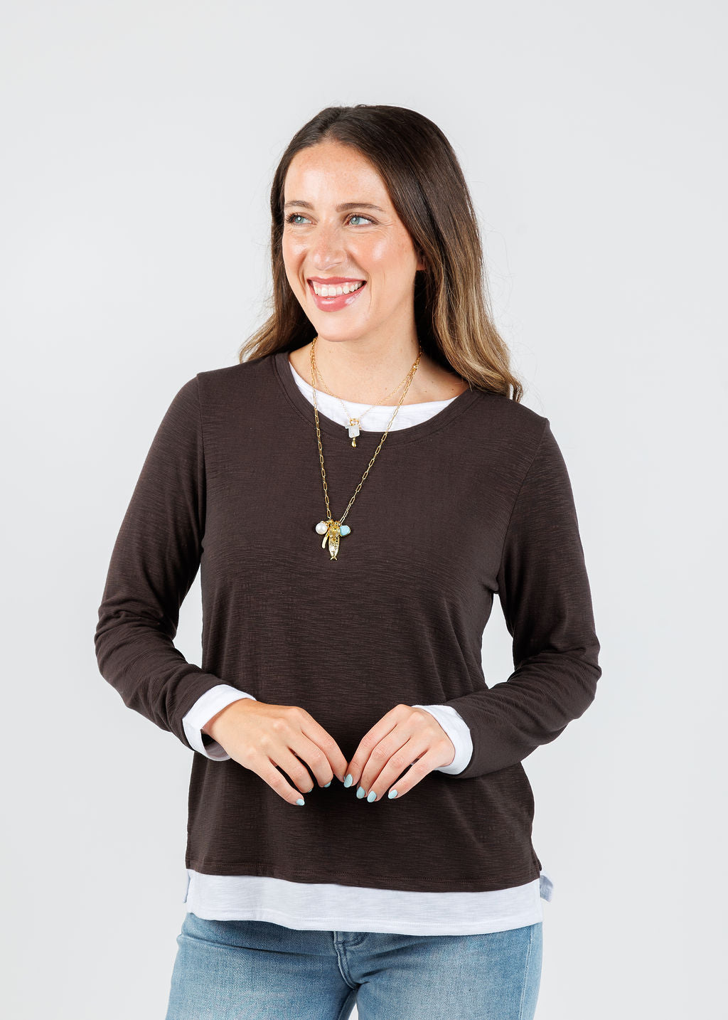 Nally & Millie Lucy Long Sleeve Layered Tee in Chocolate available at Barbara Katz