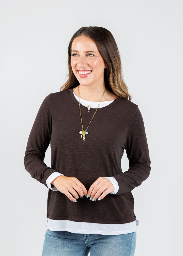 Nally & Millie Lucy Long Sleeve Layered Tee in Chocolate available at Barbara Katz