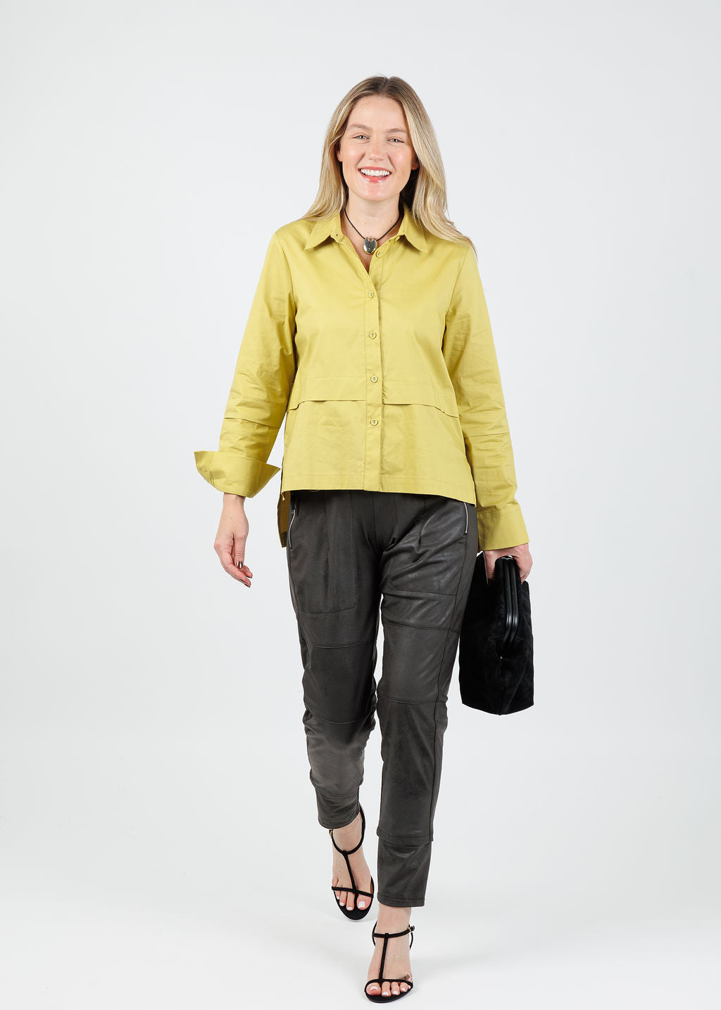 Ozai N Ku Nadia Button-Down High/Low Shirt in Lemon available at Barbara Katz