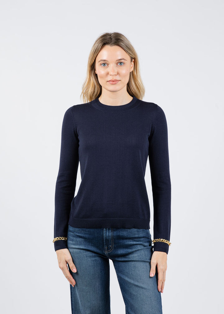 Peace of Cloth Gold Chain Crew Neck Sweater in Navy available at Barbara Katz