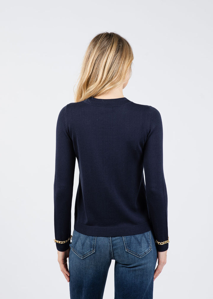 Peace of Cloth Gold Chain Crew Neck Sweater in Navy available at Barbara Katz
