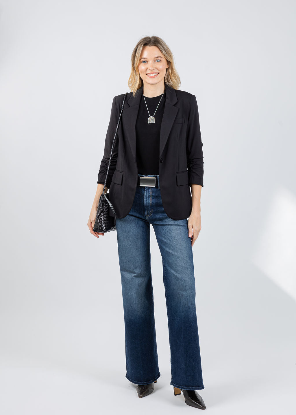 Peace of Cloth Jaime Ruched Sleeve Jacket in Black with Repeat Crew Shirt in Black underneath available at Barbara Katz