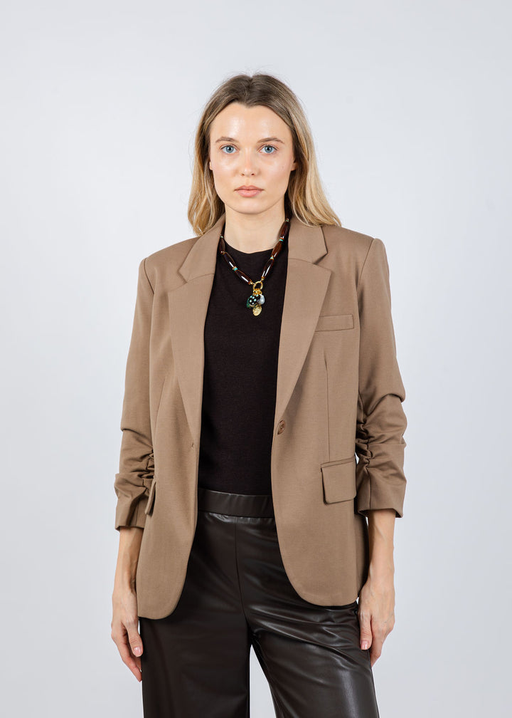 Peace of Cloth Jaime Ruched Sleeve Jacket in Mocha available at Barbara Katz