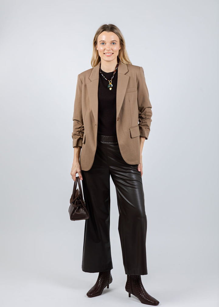 Peace of Cloth Jaime Ruched Sleeve Jacket in Mocha with Repeat Crew Shirt in Dark Brown underneath available at Barbara Katz