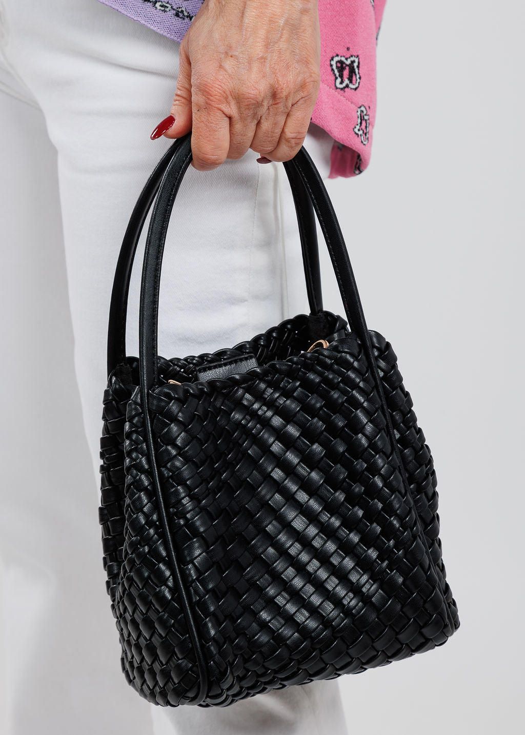Remi/Reid Hollace Mini Woven Tote Bag in Black available at Barbara Katz