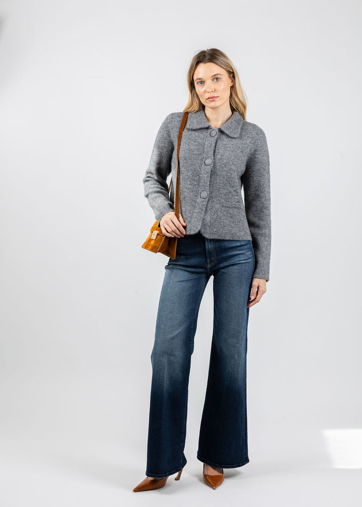 Repeat Cropped Bouclé Knit Collared Cardigan in Light Grey available at Barbara Katz