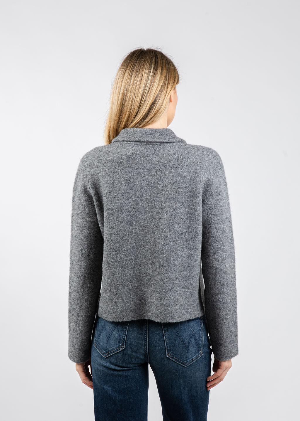 Repeat Cropped Bouclé Knit Collared Cardigan in Light Grey available at Barbara Katz