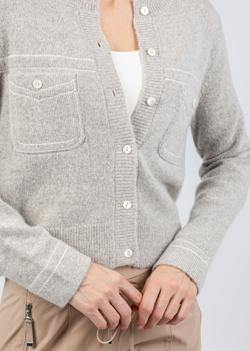 Repeat Wool/Cashmere Cardigan With Contrast Stitching in Hazel available at Barbara Katz