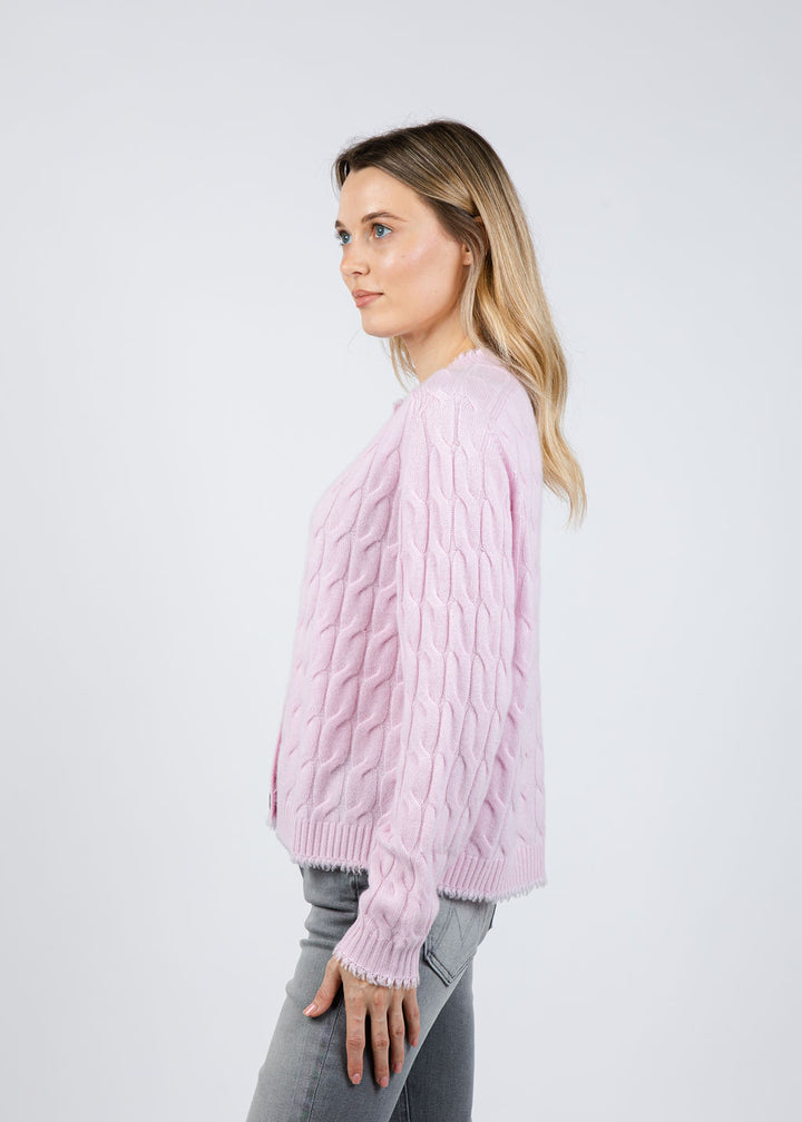 Repeat Cable Knit Cardigan With Fringes in Rose available at Barbara Katz