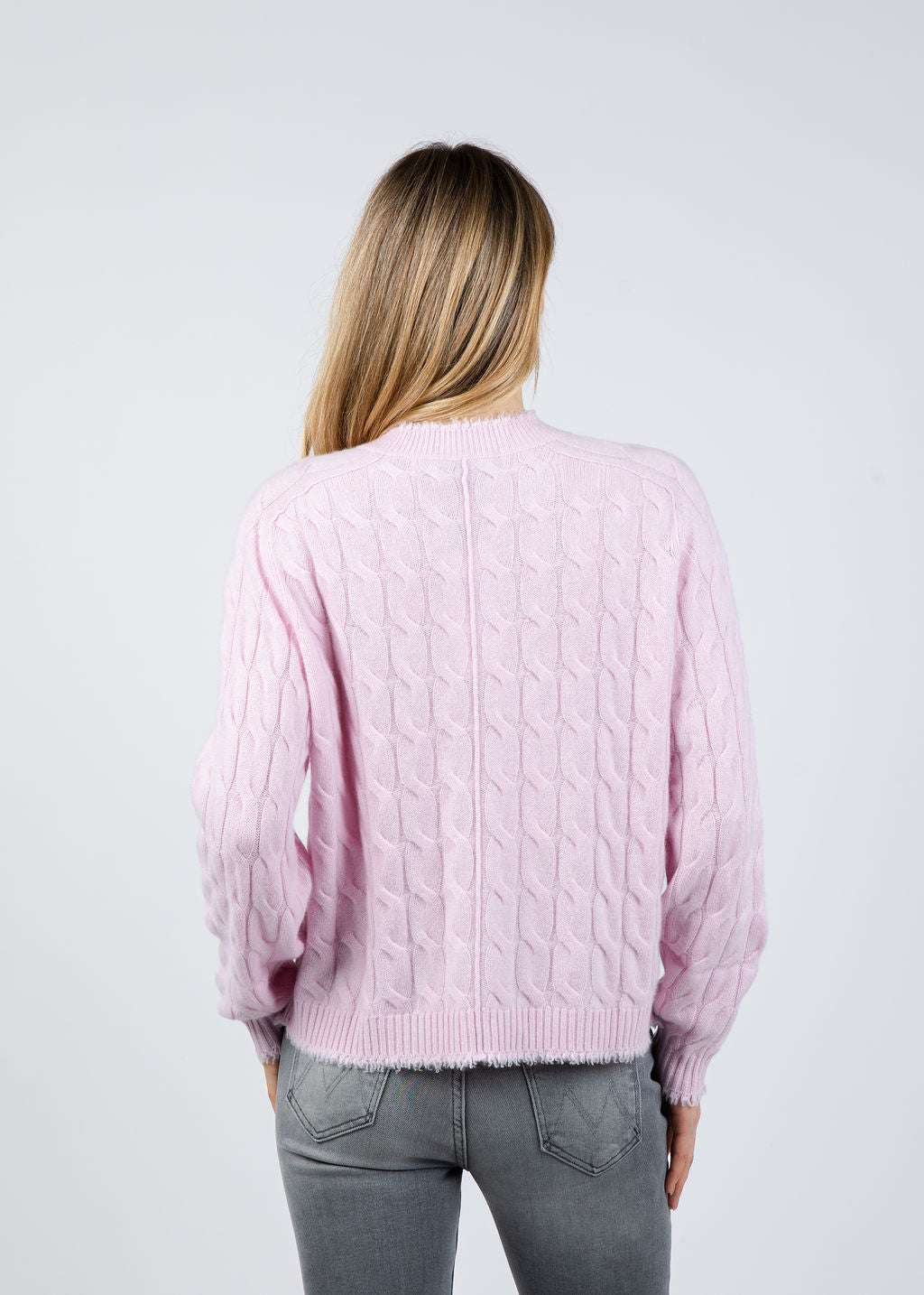 Repeat Cable Knit Cardigan With Fringes in Rose available at Barbara Katz
