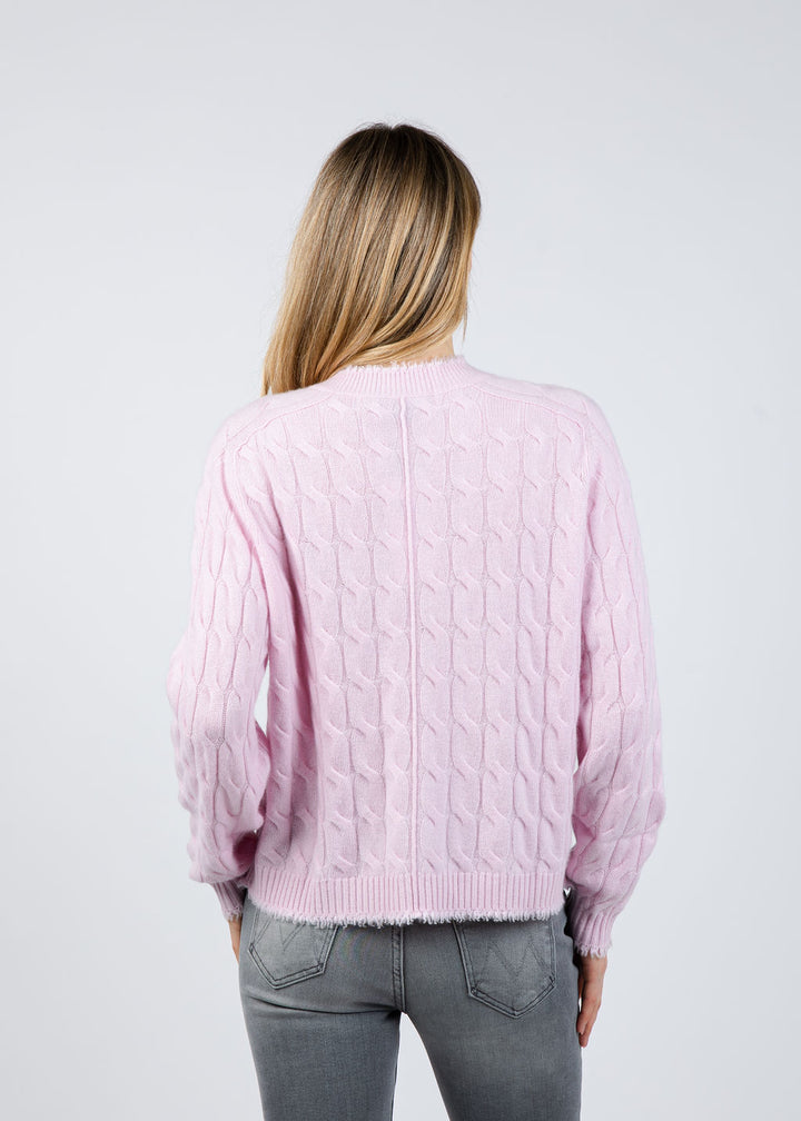 Repeat Cable Knit Cardigan With Fringes in Rose available at Barbara Katz