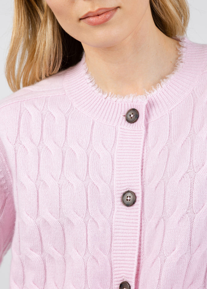 Repeat Cable Knit Cardigan With Fringes in Rose available at Barbara Katz