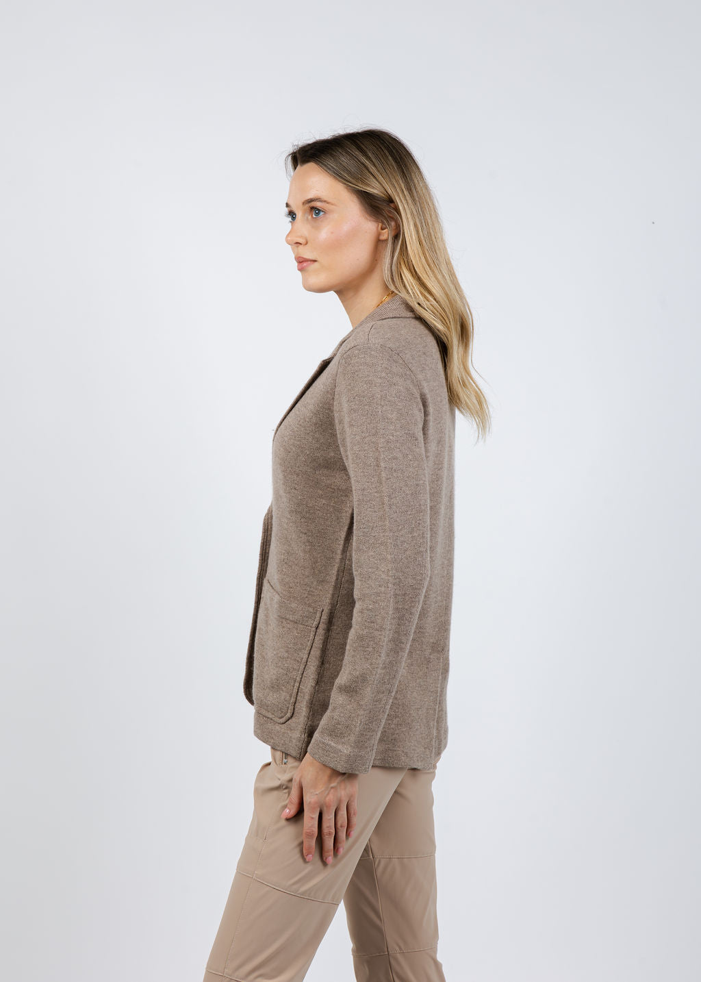 Repeat Knit Blazer Cardigan With Lapel Collar in Sand available at Barbara Katz