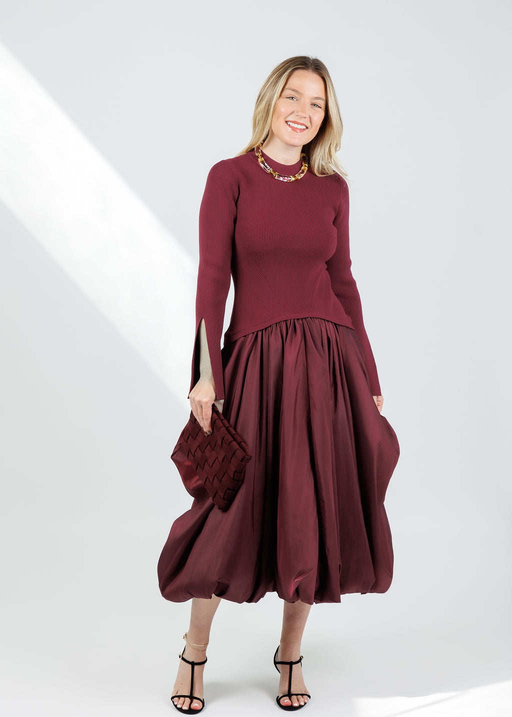 Kenlie Long Sleeve Mock Neck Midi Dress - Cranberry Kenlie Long Sleeve Mock Neck Midi Dress - Cranberry