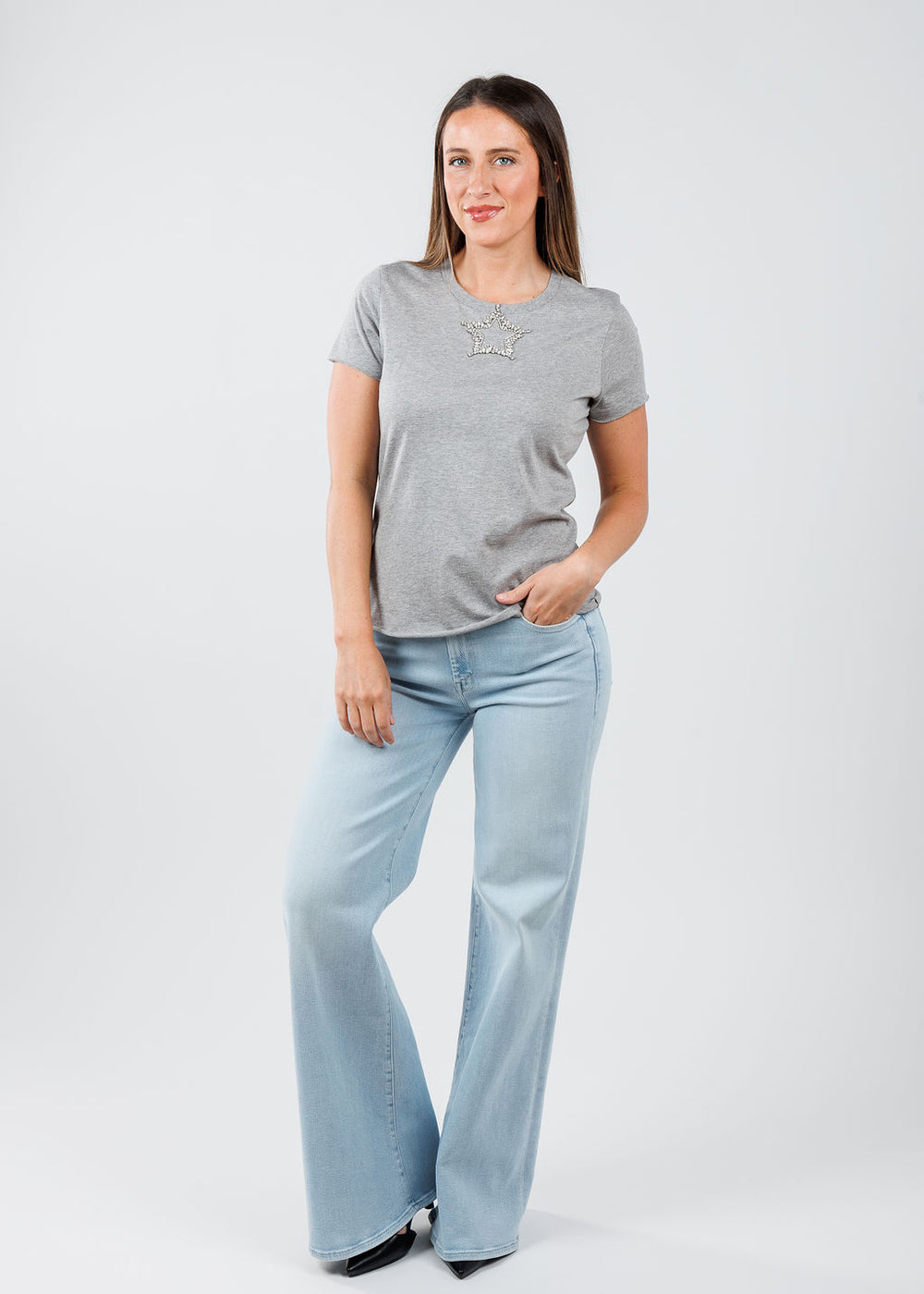 Suzy T Amelia Center Star Top in Light Grey available at Barbara Katz