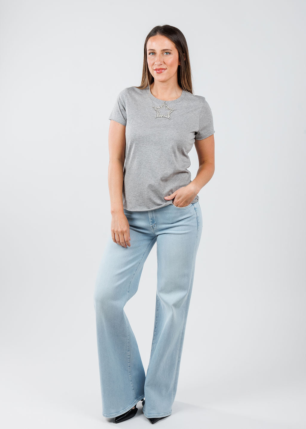 Suzy T Amelia Center Star Top in Light Grey available at Barbara Katz