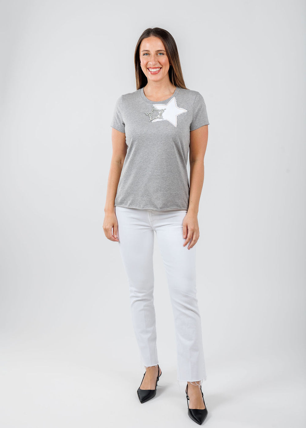 Suzy T Bett Double Star Top in Light Grey available at Barbara Katz