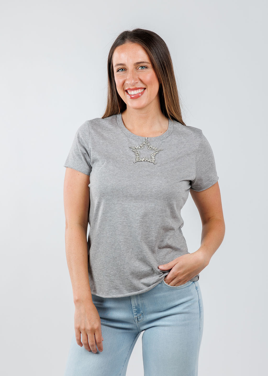 Suzy T Amelia Center Star Top in Light Grey available at Barbara Katz