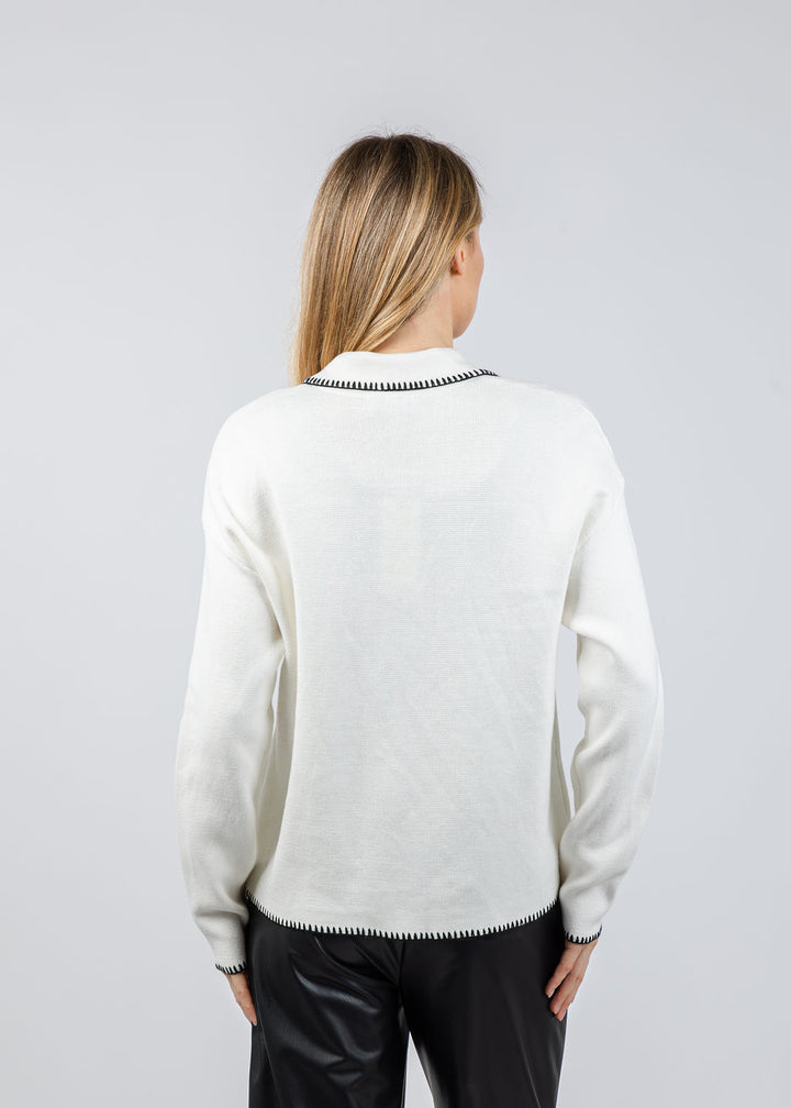BK Whip Stitch Zip Sweater in Ivory/Black available at Barbara Katz