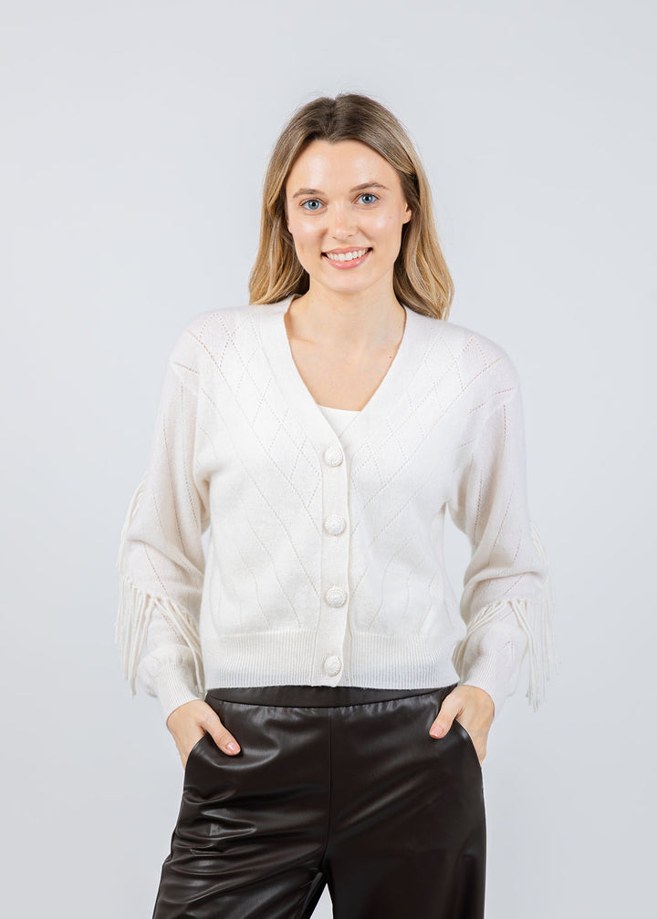 Whisper by Brodie Ashley Fringe Cardigan in Organic White available at Barbara Katz