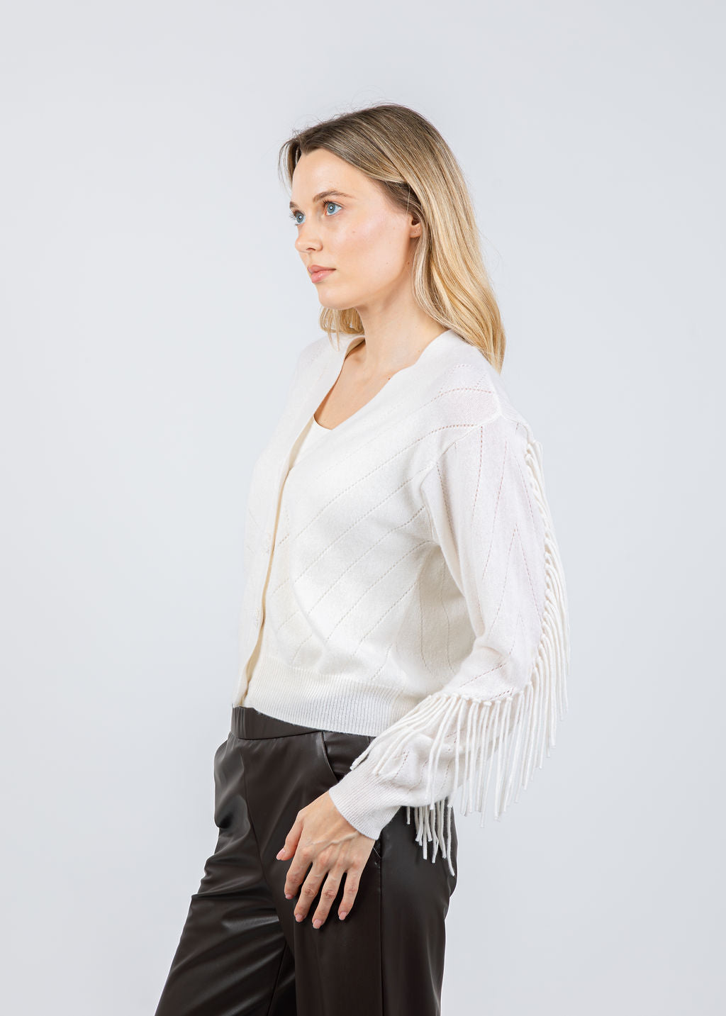 Whisper by Brodie Ashley Fringe Cardigan in Organic White available at Barbara Katz