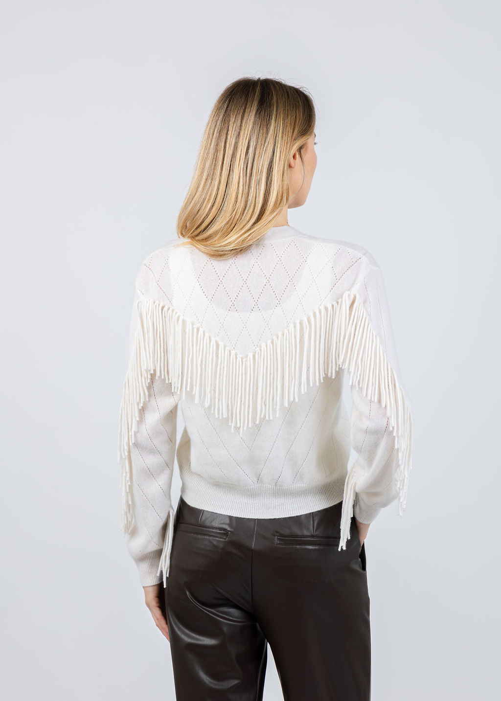 Whisper by Brodie Ashley Fringe Cardigan in Organic White available at Barbara Katz