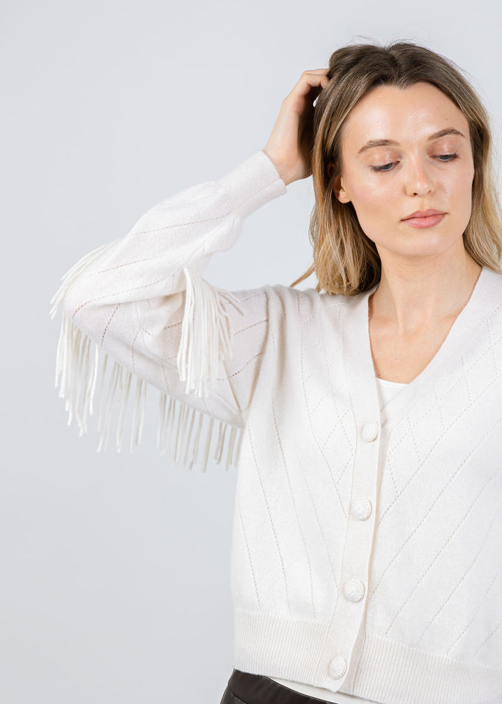 Whisper by Brodie Ashley Fringe Cardigan in Organic White available at Barbara Katz