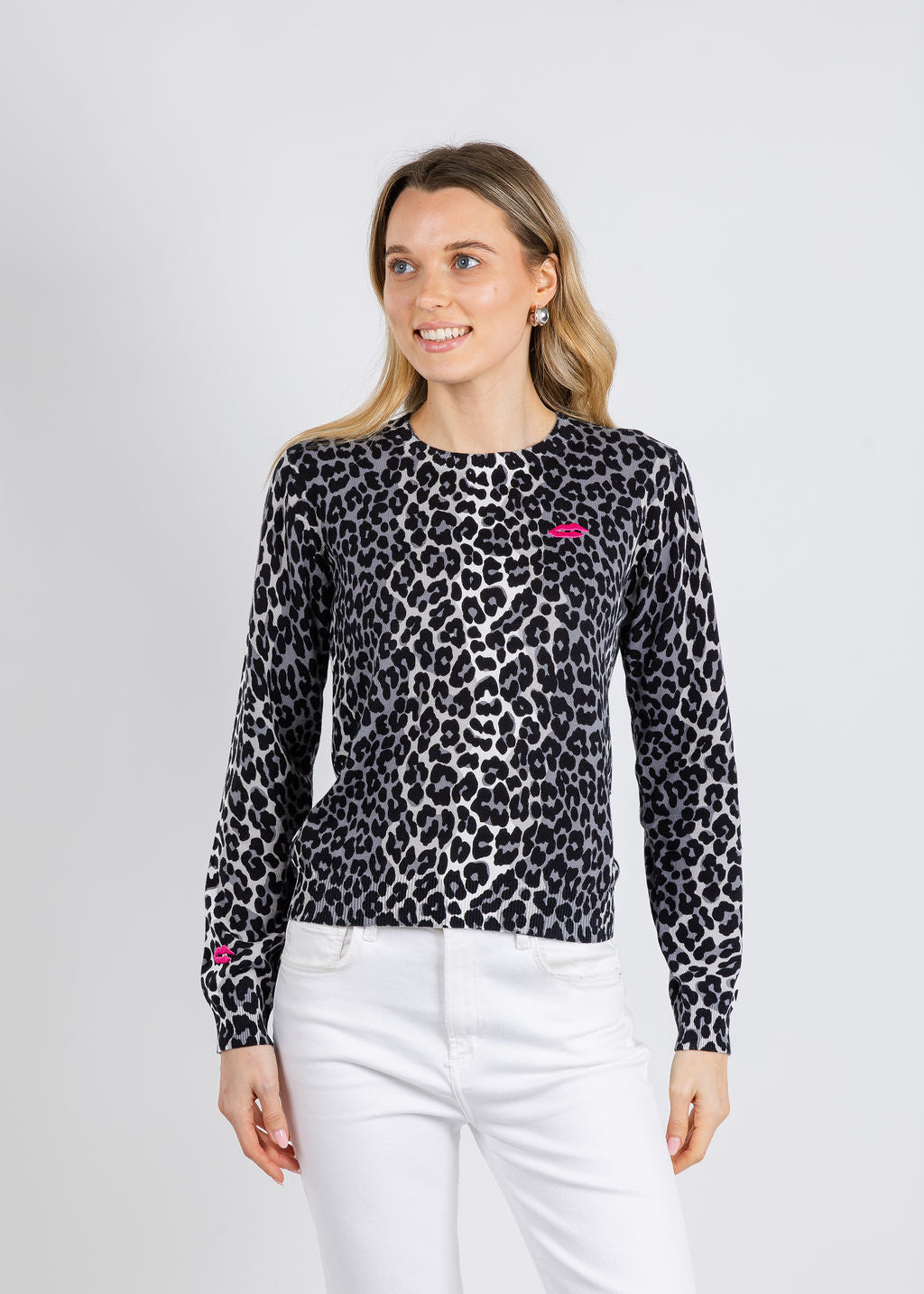 Whisper by Brodie Lydia Leopard Crew Sweater - Ivory/Silver