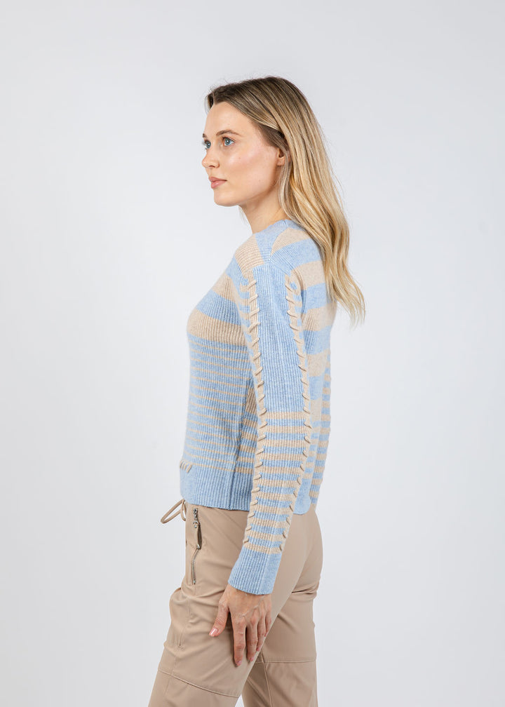 Whisper by Brodie Mix Stripe Crew Sweater in Blue Mist/Cygnet available at Barbara Katz